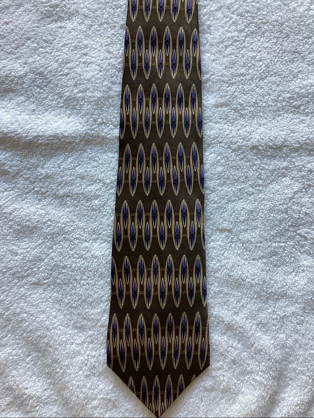 Brown Silk Tie with Blue and Gold Geometric Motif